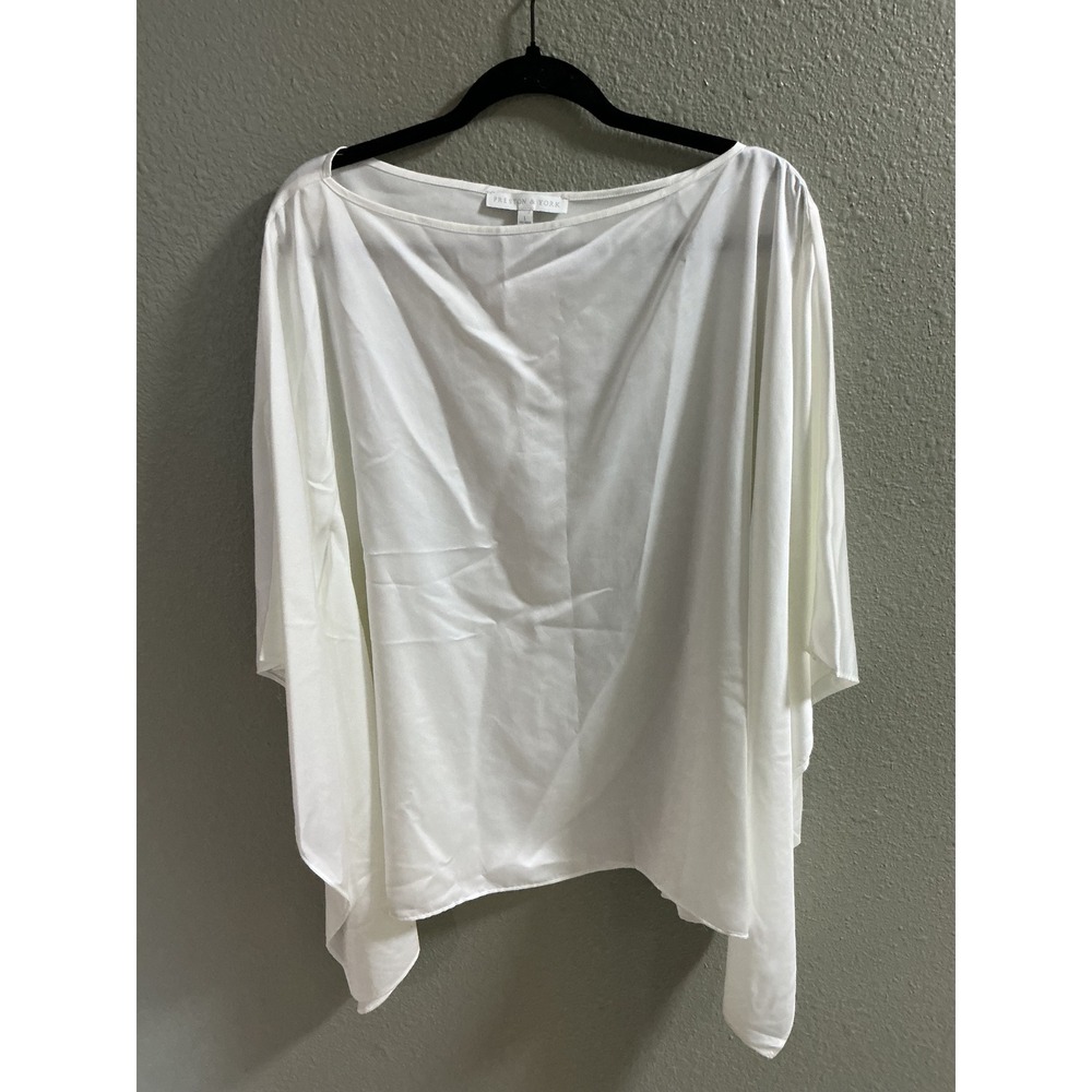 Preston & York White Satin Poncho Blouse Boat Neck Flowy Cape Top Large